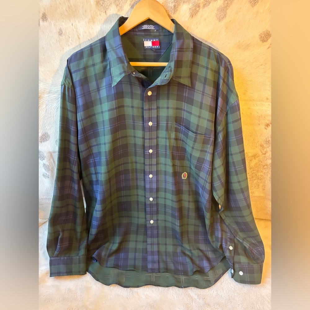 Vintage Tommy Hilfiger Blackwatch Tartan Plaid Button Down Shirt 100% silk